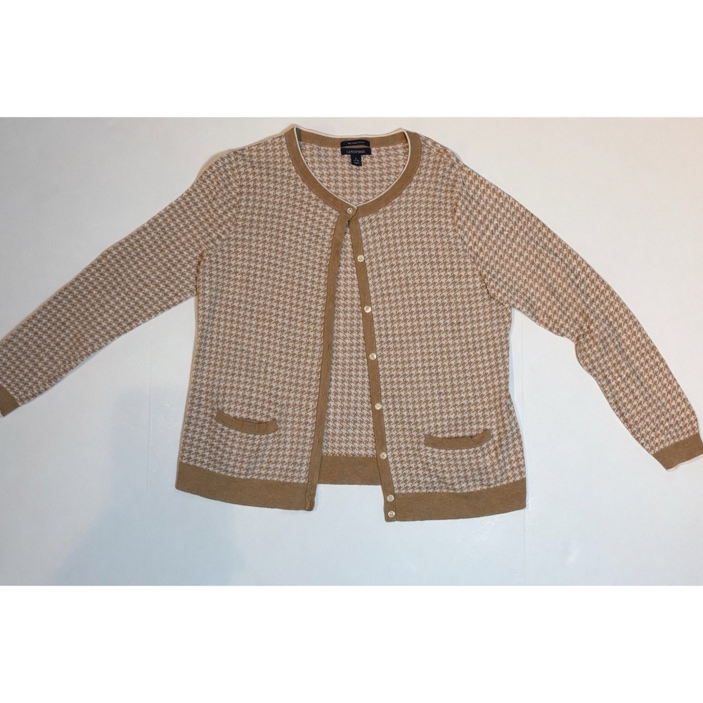 LANDS' END Women's Supima Cotton Cardigan Sweater Long Sleeve Houndstooth LARGE‎
